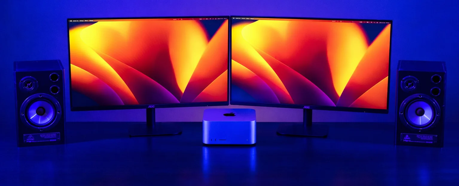 Stanowisko z Mac Studio, dwoma monitorami i głośnikami